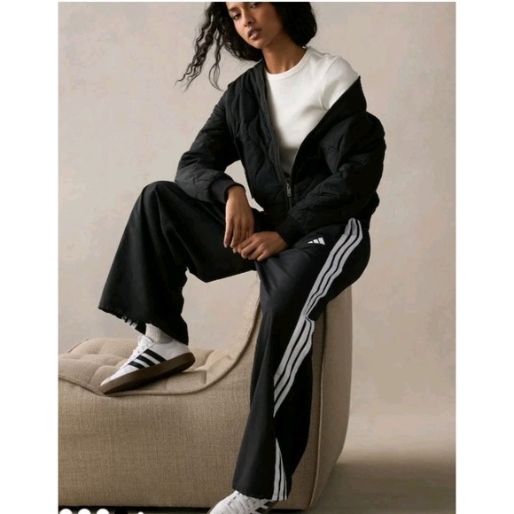 Adidas Women's M Essentials Wide Leg Woven Trousers Pants Black 3 Stripe Tricot - Picture 4 of 16